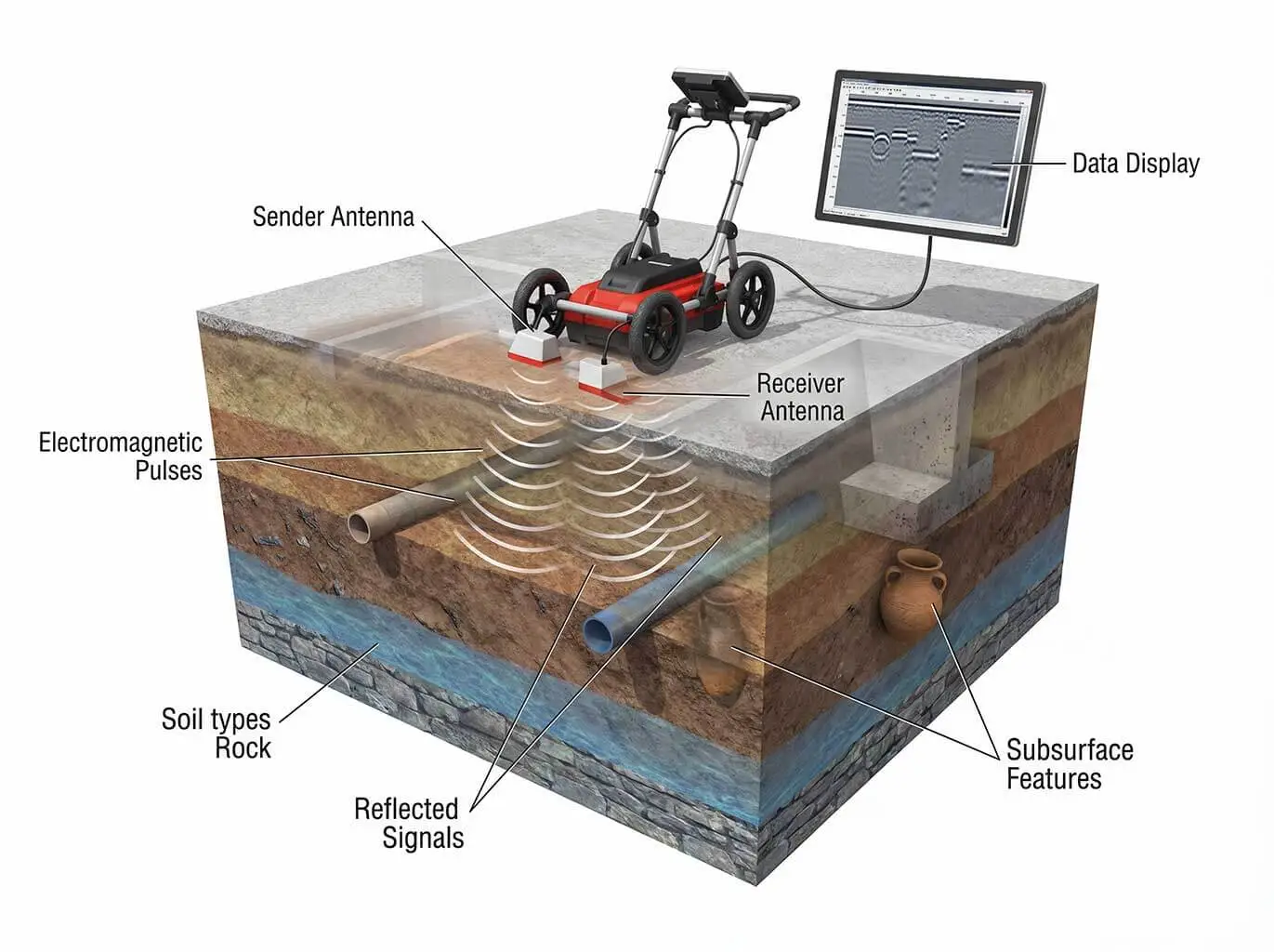 Infografik zur Georadar-Bodenanalyse mit Darstellung der Funkwellenreflexion an verschiedenen Bodenschichten und Objekten.