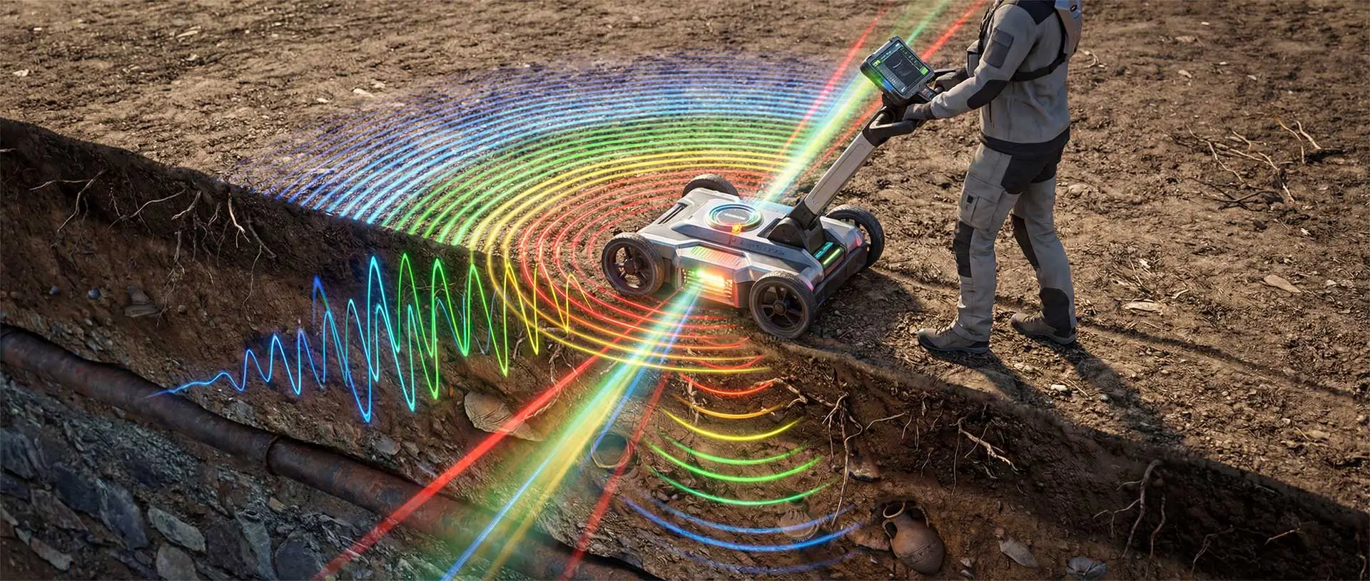 Visualisierung von Georadar-Wellen in Regenbogenfarben bei einer Bodenuntersuchung durch Terravidi in Wien.