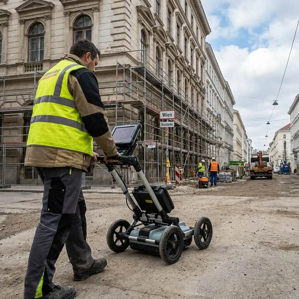Eine Person in gelber Warnweste bedient ein Georadar-Gerät auf einem gepflasterten Platz in Wien.